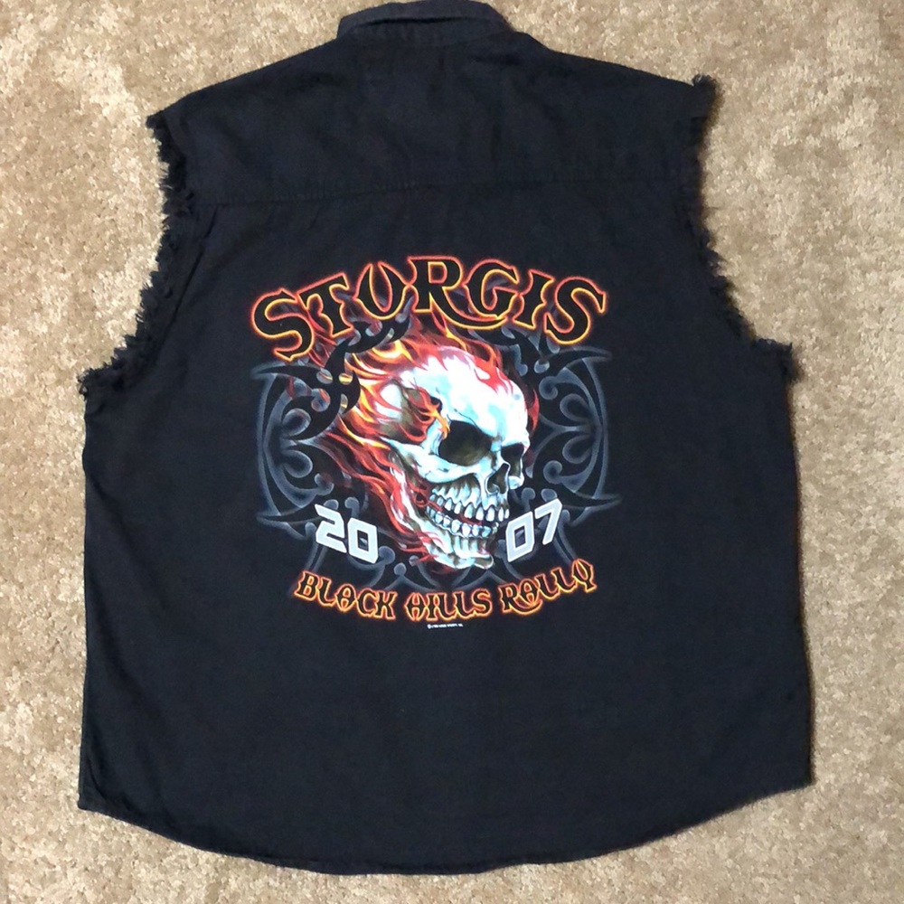 Black Sturgis denim sleeveless shirt Printed on front and back
